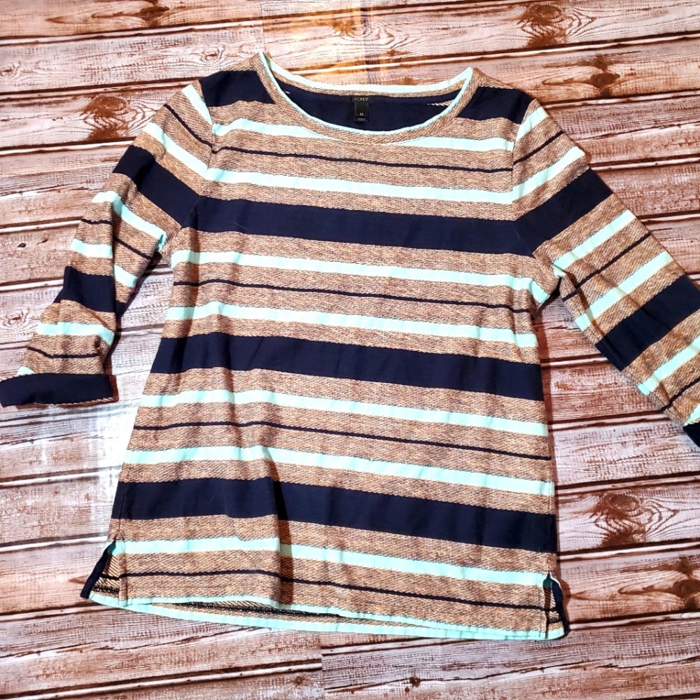 J. Crew Reverse Jacquard Striped 3 Quarter Sleeve T-shirt M EUC
